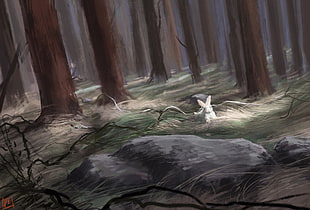 white bunny near field painting, fantasy art, rabbits