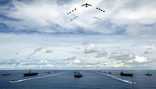 navy fleet on sea, war, ship, airplane, aircraft HD wallpaper