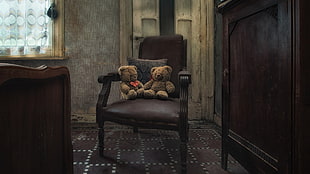 two brown bear plush toys on brown wooden armchair