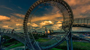 roller coaster track, architecture, city, building, bridge HD wallpaper