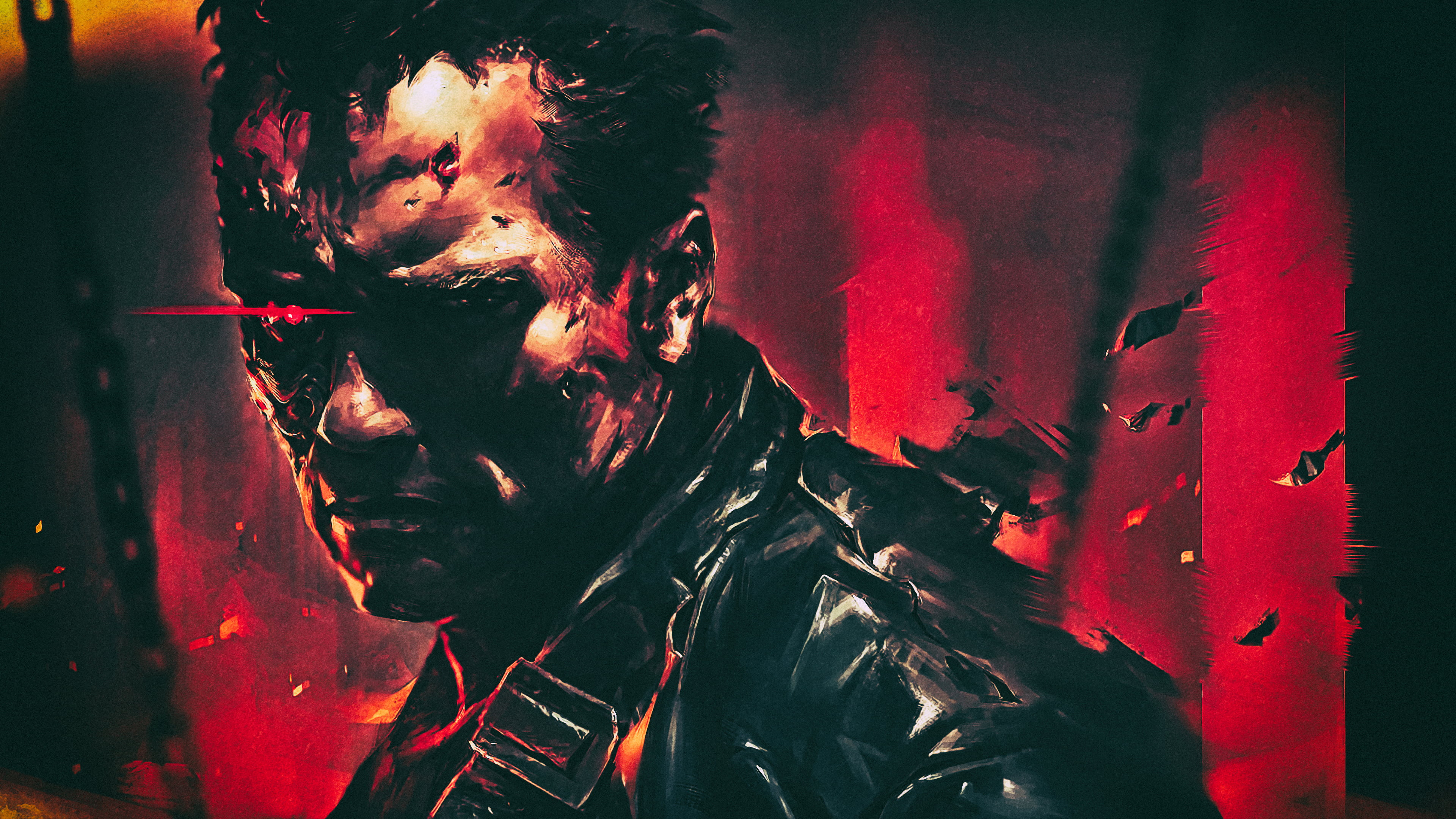 man in black leather jacket painting, Terminator 2, T-800, cyborg, Arnold Schwarzenegger