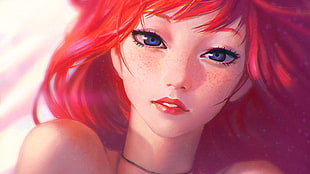 red-haired female anime character, Ilya Kuvshinov, redhead, freckles, blue eyes HD wallpaper
