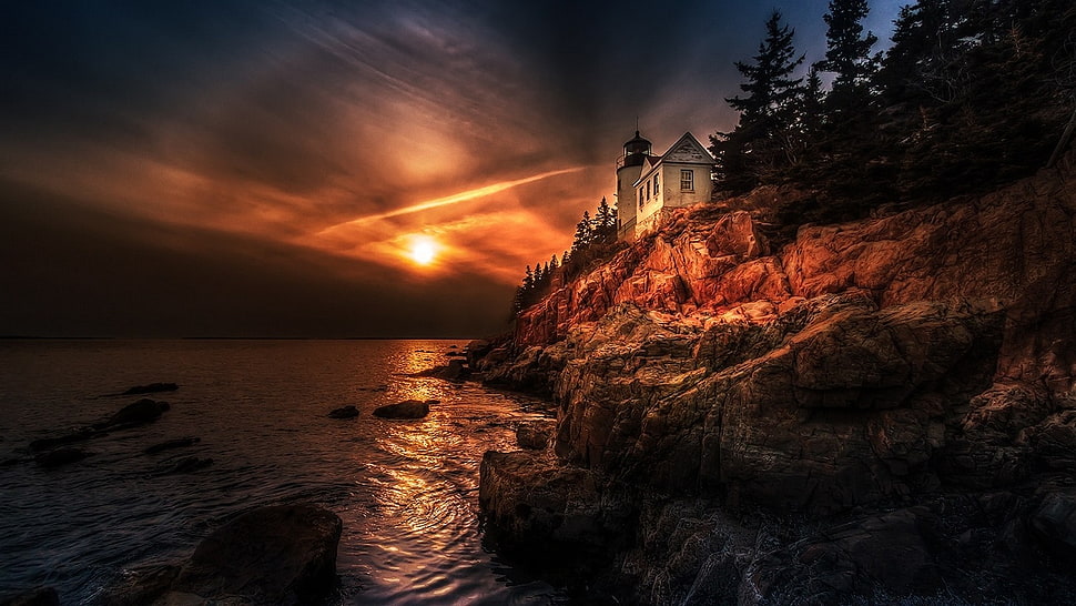 white lighthouse beside cliff, nature, landscape, sunset, sea HD wallpaper