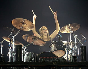 black drum set with cymbals, Jen Ledger, Skillet (band), Drummer, hard rock