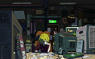 yellow haired girl in maroon 3/4 sleeved top character illustration