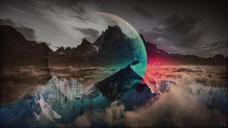 glacier mountain with fogs digital wallpaper, artwork, Moon, planet, blue HD wallpaper