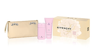 two Givenchy plastic bottles with box and beige leather wallet