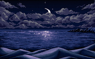 sea at noon time artwork, digital art, pixel art, pixels, Moon HD wallpaper