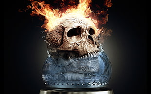 skull with fire wallpaper, fire, skull, digital art, artwork