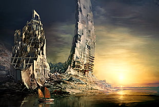 game digital wallpaper, artwork, postapokalypse, scyscrapers, sunset