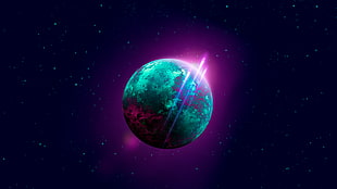 green planet digital wallpaper, space, stars, planet, purple background