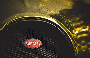 black Bugatti grille, Buggati, logo, gold, water drops