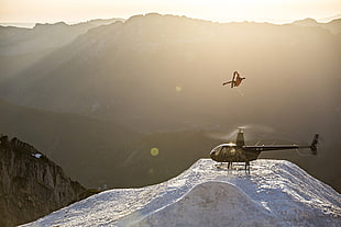 white and black wooden table, Candide Thovex, helicopters, skiing, skis