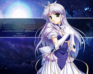 female in blue and white dress anime character digital wallpaper