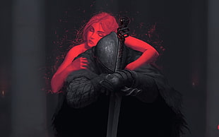 man kneeling holding black sword while red woman hugging him