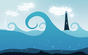 painting of a sea waves and black lighthouse