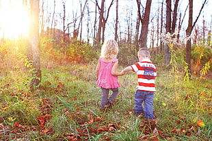 boy and girl holding hands walking in forest during daytime