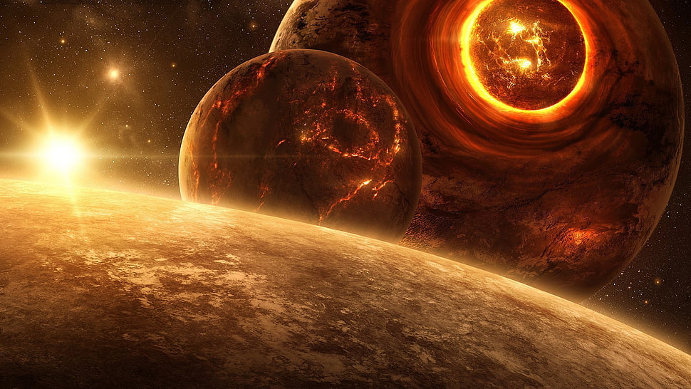 two planets and sun illustration HD wallpaper