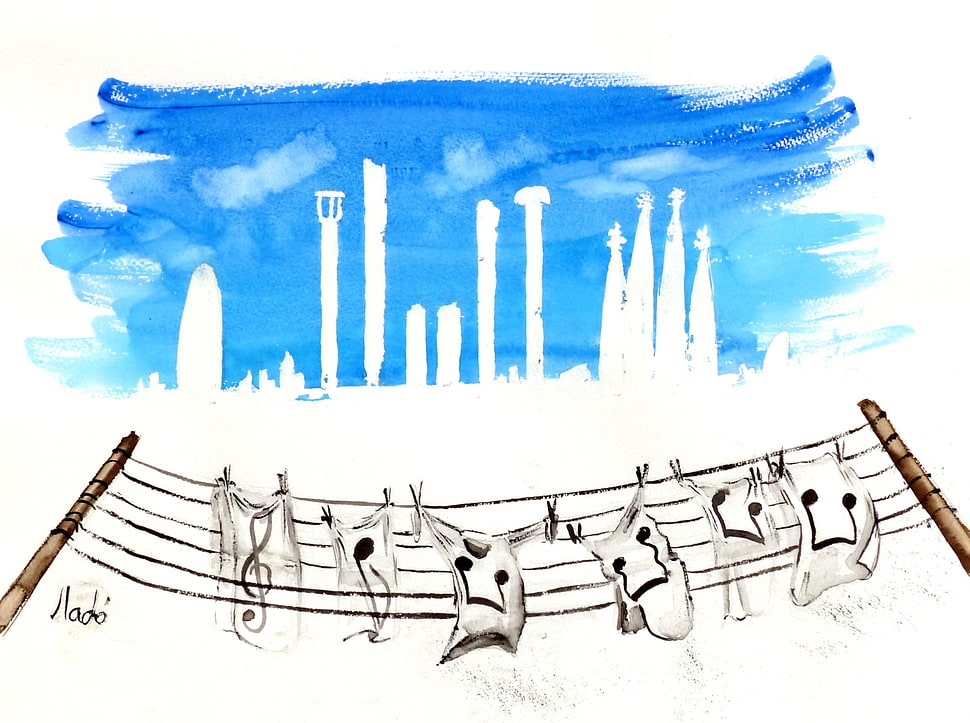 musical notes clothesline painting, watercolor, musical notes, city, laundry HD wallpaper