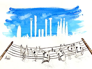 musical notes clothesline painting, watercolor, musical notes, city, laundry