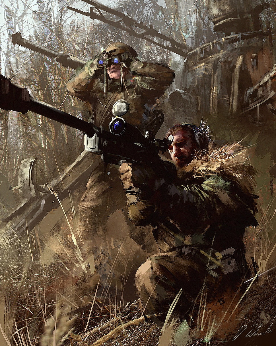 two men with rifle and binoculars digital wallpaper, artwork, Darek Zabrocki , sniper rifle, digital art HD wallpaper