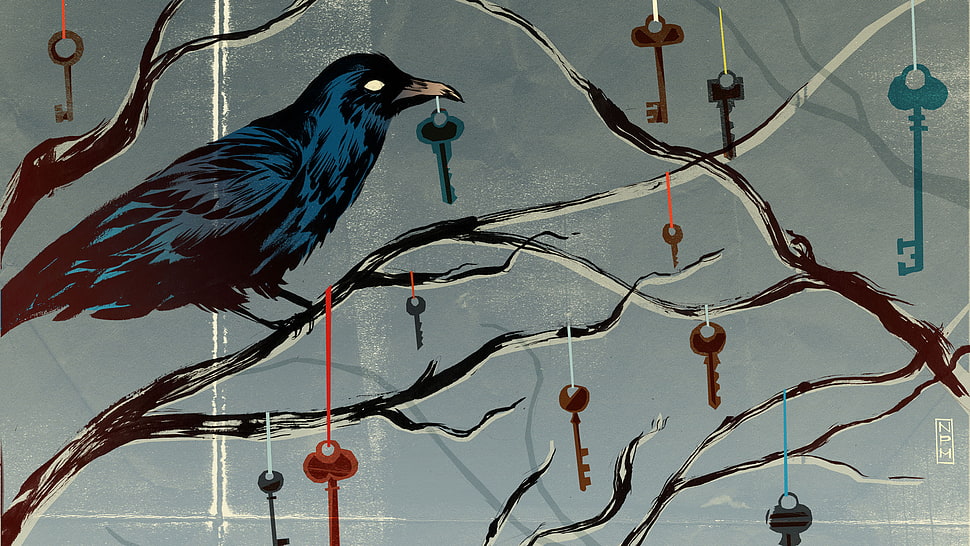 blue bird in tree branch holding a key graphic artwork HD wallpaper