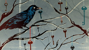 blue bird in tree branch holding a key graphic artwork