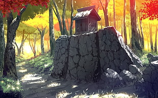 brown wooden shed on top of concrete rock illustration