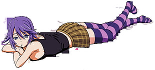 anime female character lying on surface wallpaper, vector, purple, skirt, thigh-highs