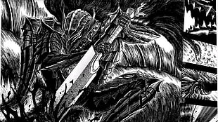 black and white illustration, manga, Bersek, Guts