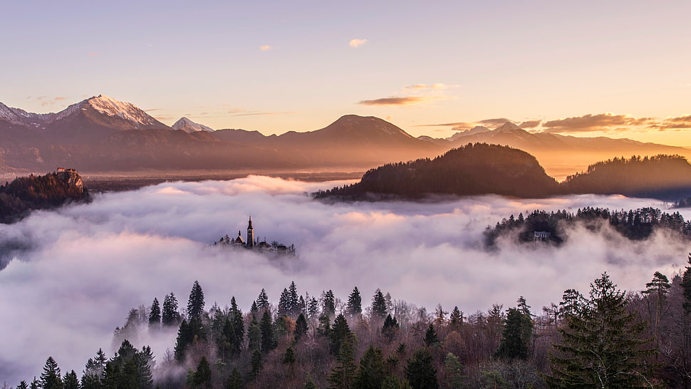 mist, landscape, mountains, sky HD wallpaper