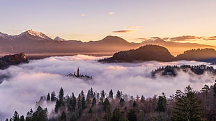 mist, landscape, mountains, sky HD wallpaper