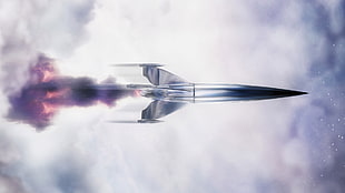 gray fighter jet illustration, digital art, spaceship
