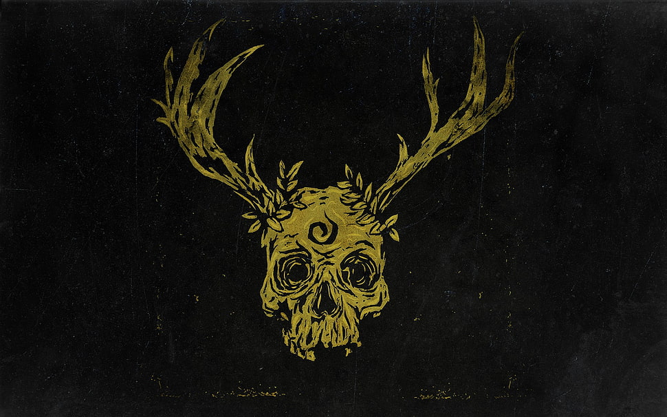 yellow skull with horn painting, skull, minimalism, black background, fantasy art HD wallpaper
