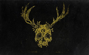 yellow skull with horn painting, skull, minimalism, black background, fantasy art