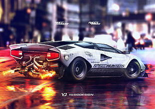 white coupe with text overlay, YASIDDESIGN, car, render, artwork