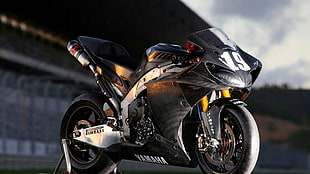 black and gray Yamaha sports bike, R1, superbike, motorcycle