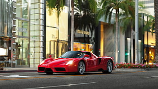 red 5-door hatchback, car, street, Ferrari, palm trees