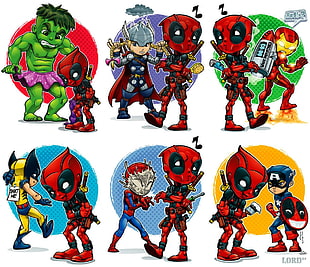 Hulk, Deadpool, Thor, Iron-man, Wolverine, Spiderman, and Captain America