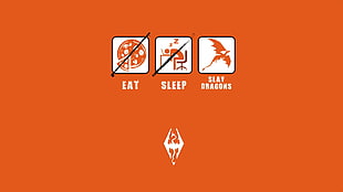 eat, sleep, and slay dragons logos, The Elder Scrolls V: Skyrim, minimalism, orange background, video games