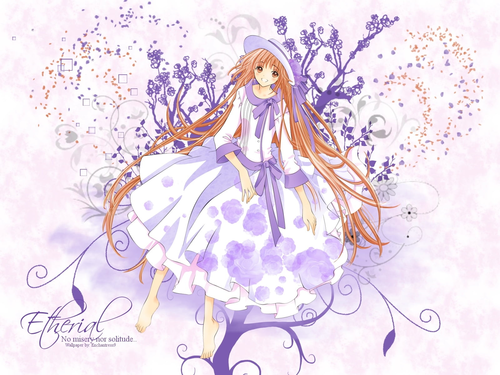 brown haired anime girl in blue and white floral dress with background of flowers