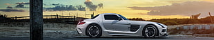 silver coupe, car, triple screen, Mercedes-Benz, Mercedes SLS HD wallpaper
