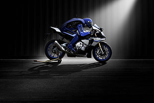 photograph of man in blue suit ride on white sport bike HD wallpaper
