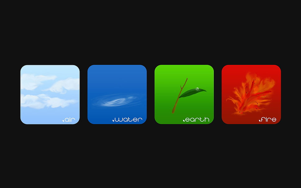 air, water, earth, and fire icons, artwork, elements HD wallpaper