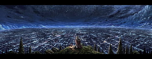 person standing on mountain cliff looking at city digital wallpaper, cliff, city, night, stars