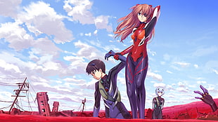 girl standing next to boy looking down and holding him anime illustration