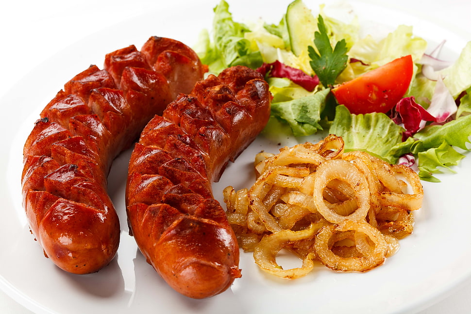 two cooked sausage with vegetables HD wallpaper