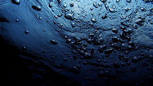 white droplets, water, bubbles, blue, underwater