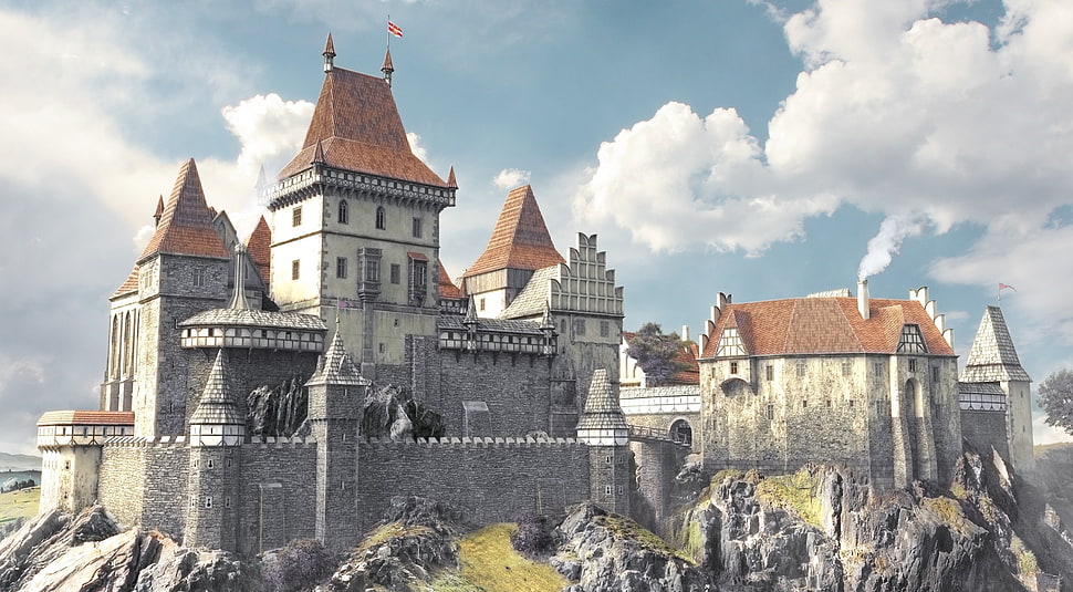 gray and brown castle illustration, castle, fantasy art, artwork HD wallpaper