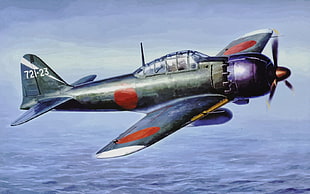 green and purple fighter jet illustration, Japan, World War II, Zero, Mitsubishi